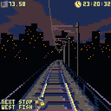 A screenshot from Cab Ride depicts a highly pixelated 4 by 3 image from the front of a train at night with tracks rolling out in front and power lines overhead to presumably connect to a panograph.